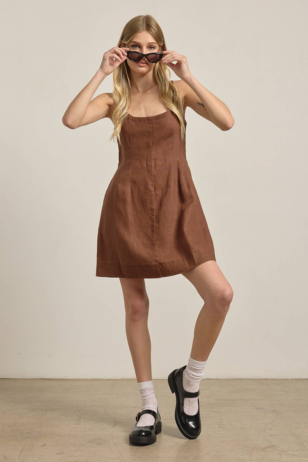 Brown Linen Square Neck Mini Dress