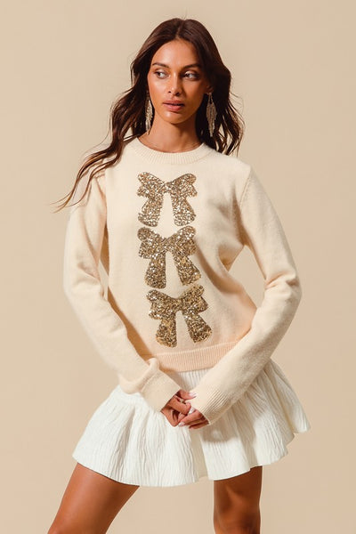 Cream Sequin Bow Sweater
