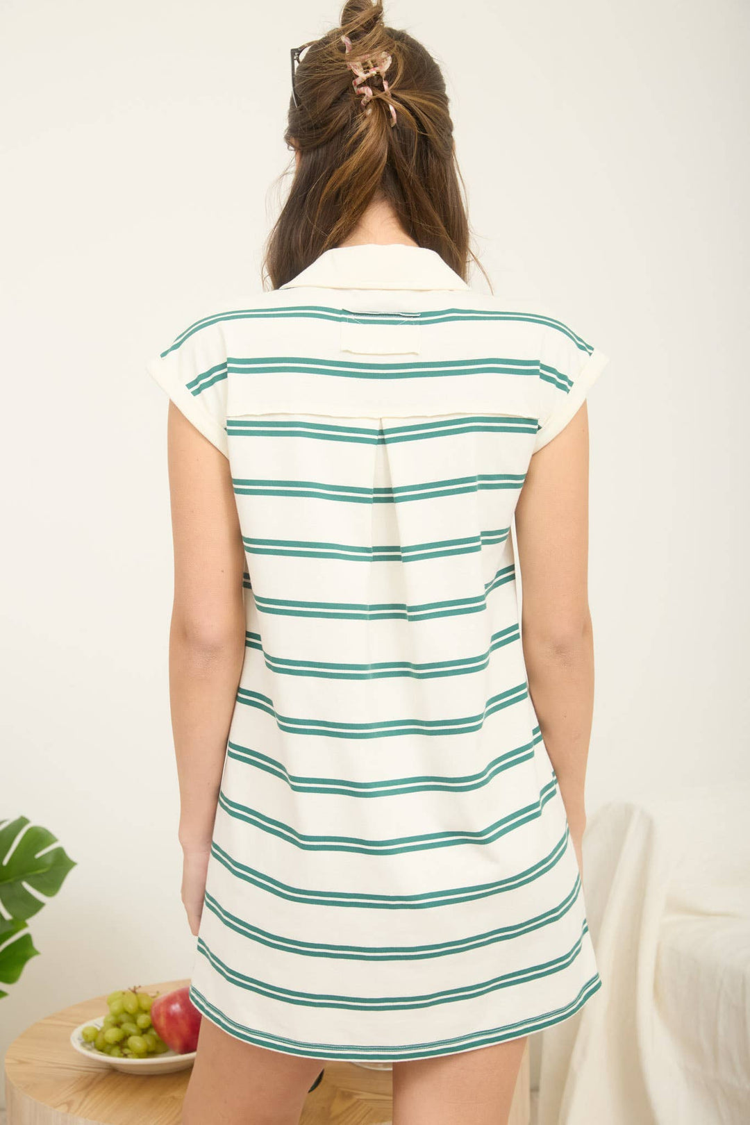 Green Stripe Collared Short Sleeve Shirt Dress