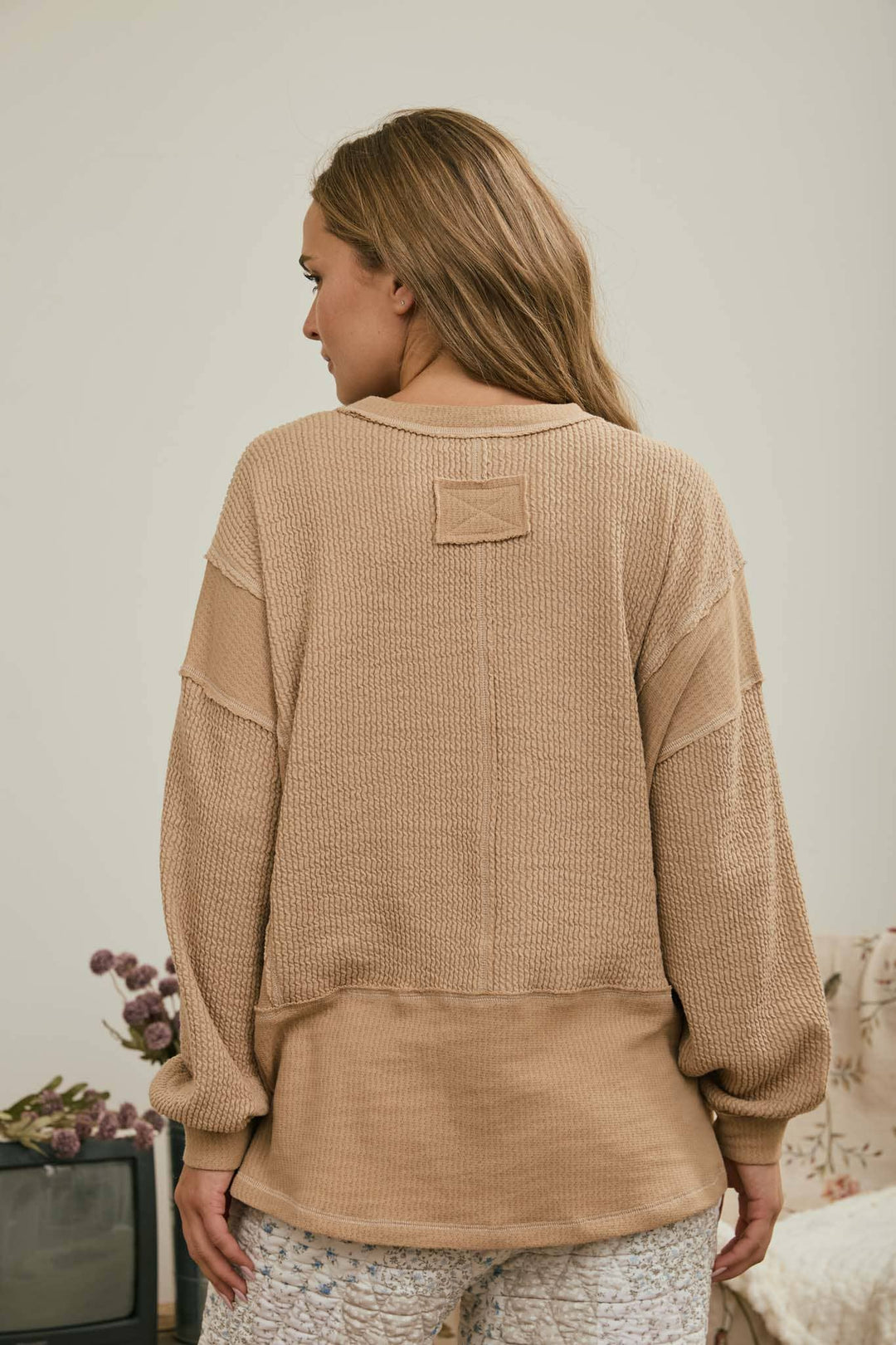Khaki Split Neck Ribbed Top
