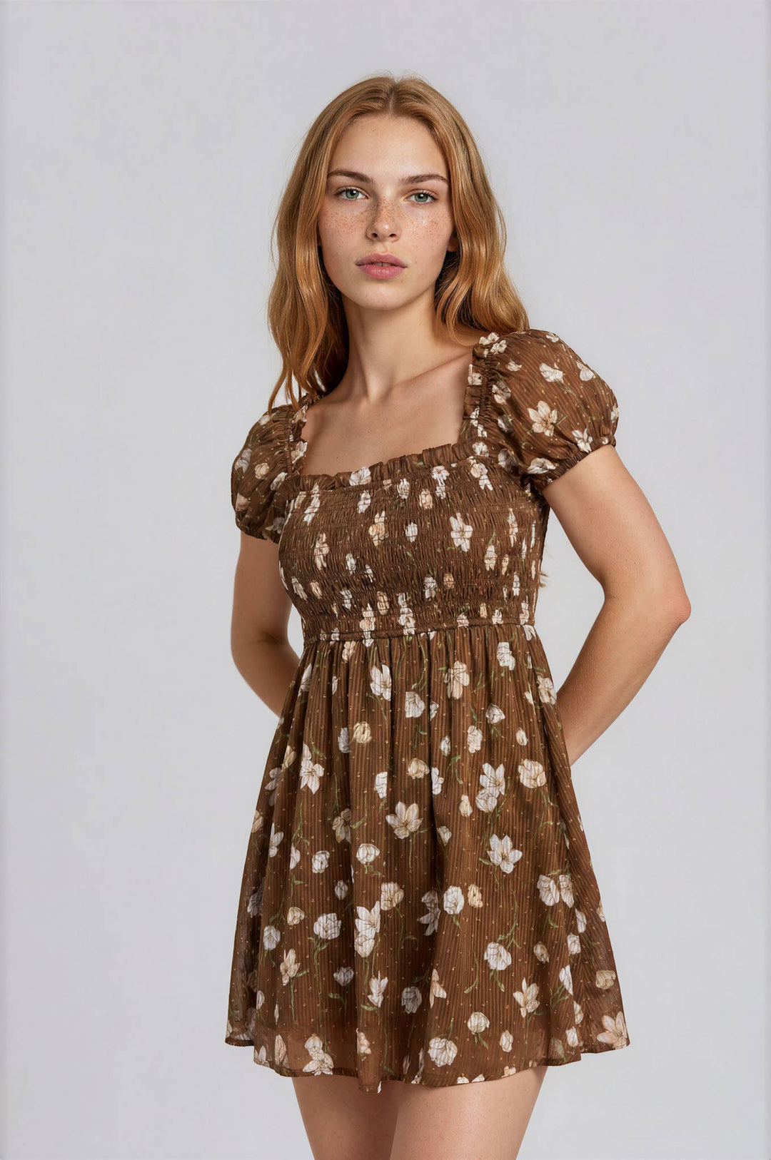 Brown Floral Smocked Mini Dress