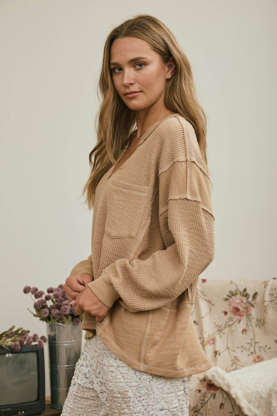 Khaki Split Neck Ribbed Top