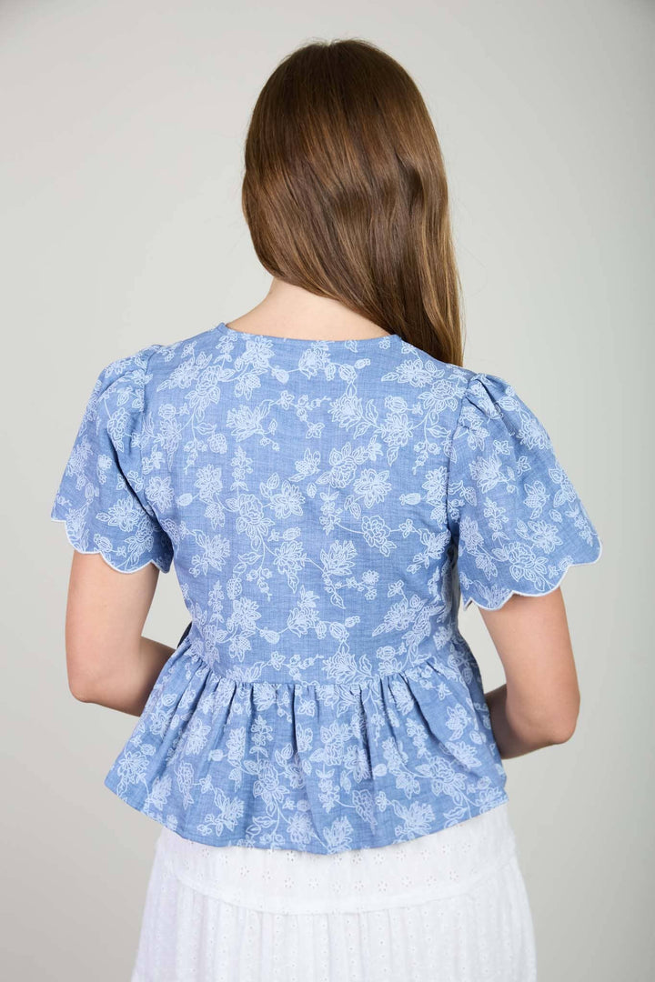Denim Floral Tie Front Peplum Top