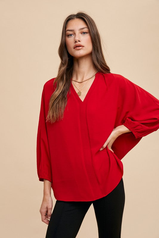 Red Loose Fit Placket Blouse