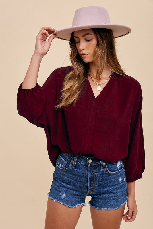 Wine Loose Fit Placket Blouse