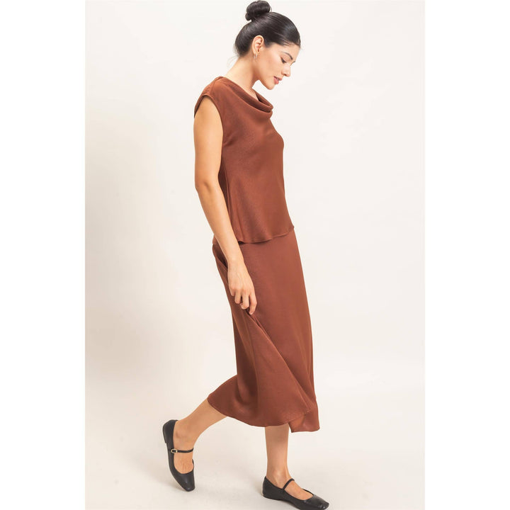Brown Satin Top & Skirt Set