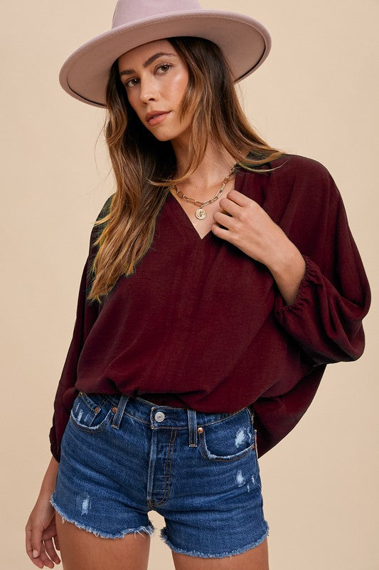 Wine Loose Fit Placket Blouse