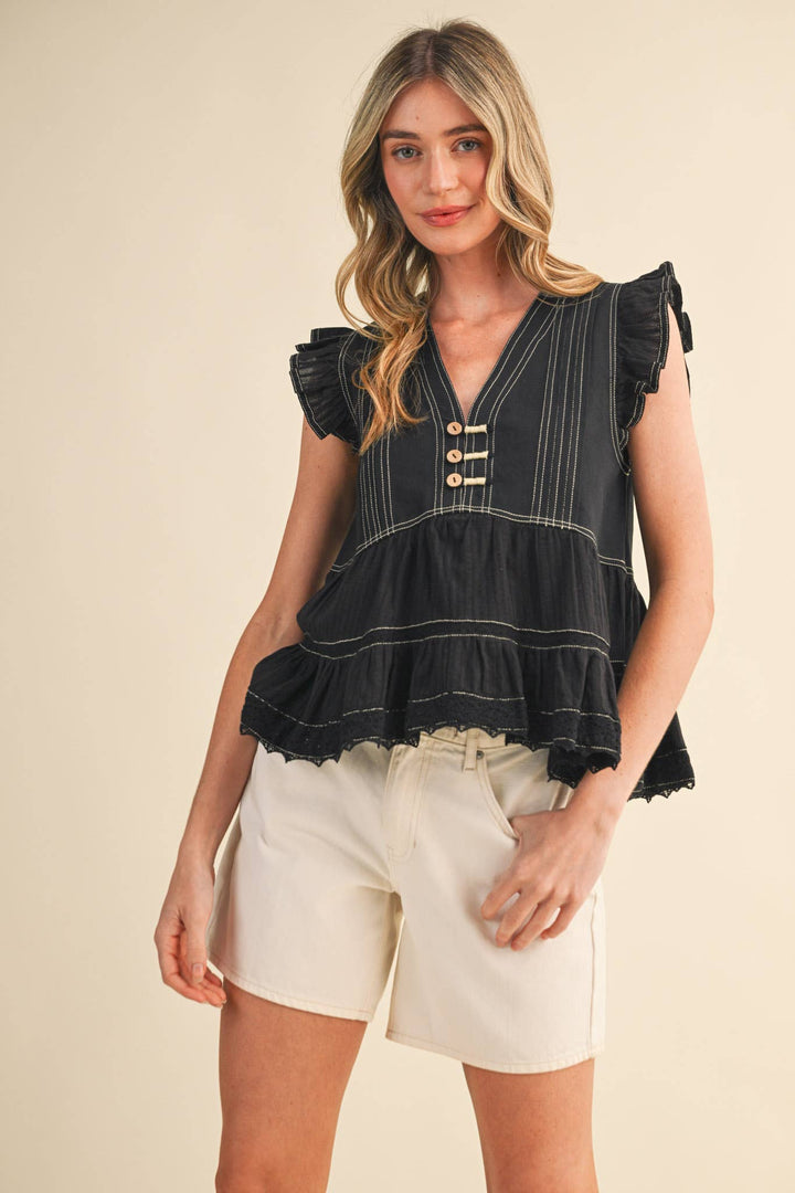 Black Stitch Lace Trim Top