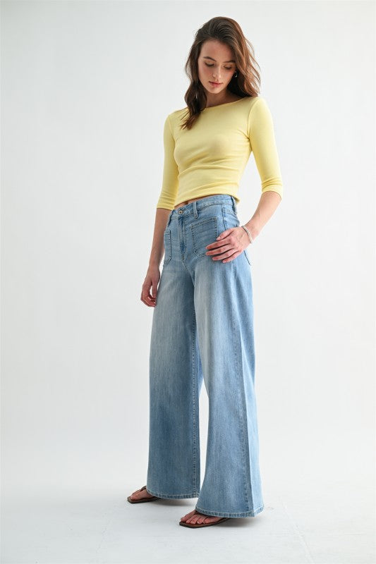 High Rise Wide Leg Patch Pocket Jeans