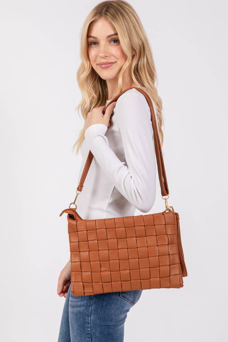 Brown Leather Basket Weave Handbag