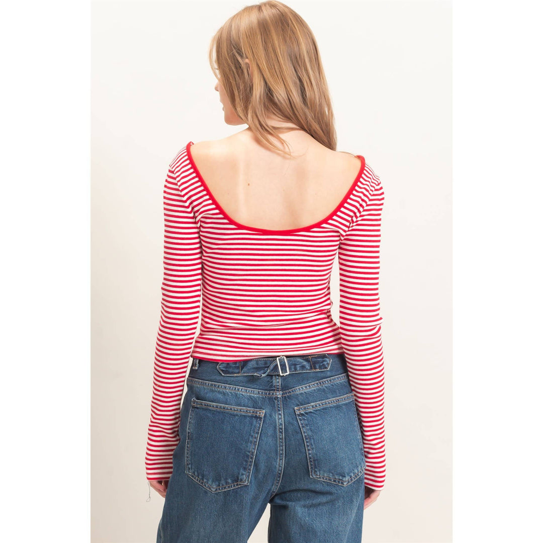 Red Striped Boat Neck Top