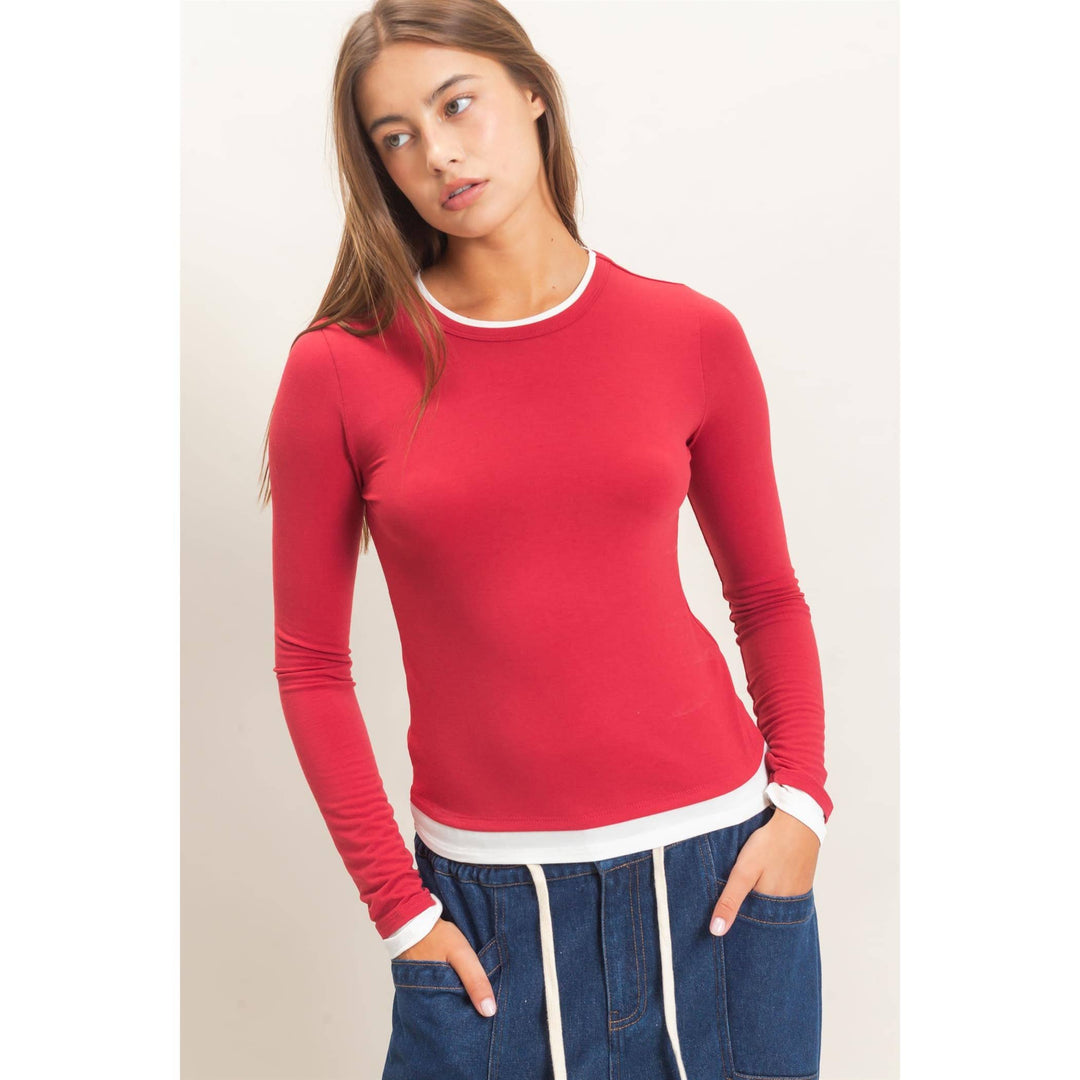 Red Layered Long Sleeve Top