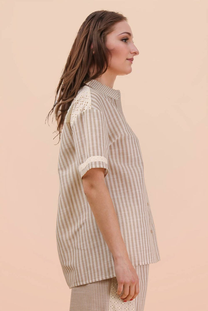 Taupe Lace Contrast Stripe Shirt