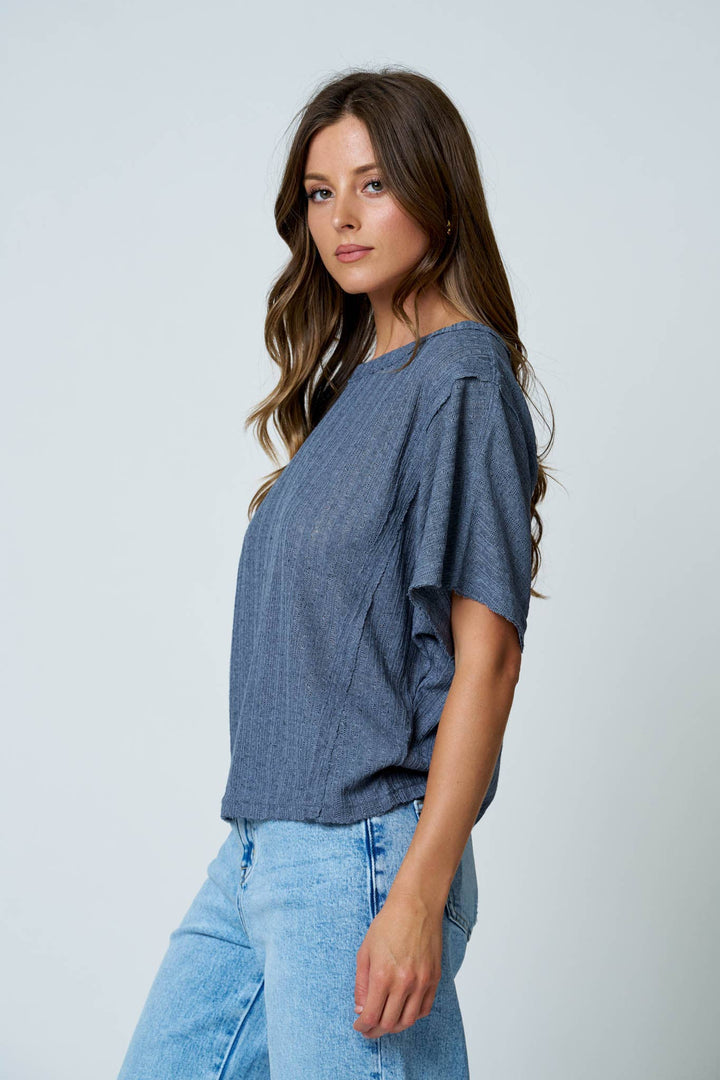 Dusty Blue Exposed Seam Dolman Top