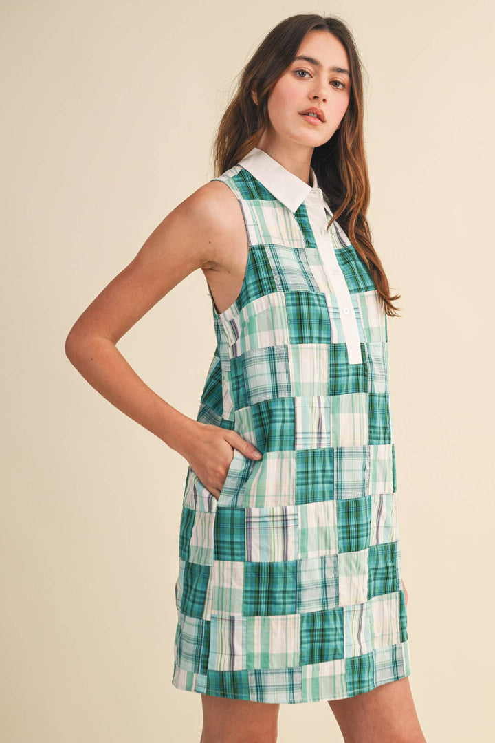 Teal Plaid Patchwork Mini Dress