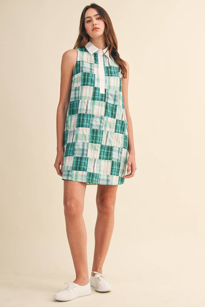 Teal Plaid Patchwork Mini Dress