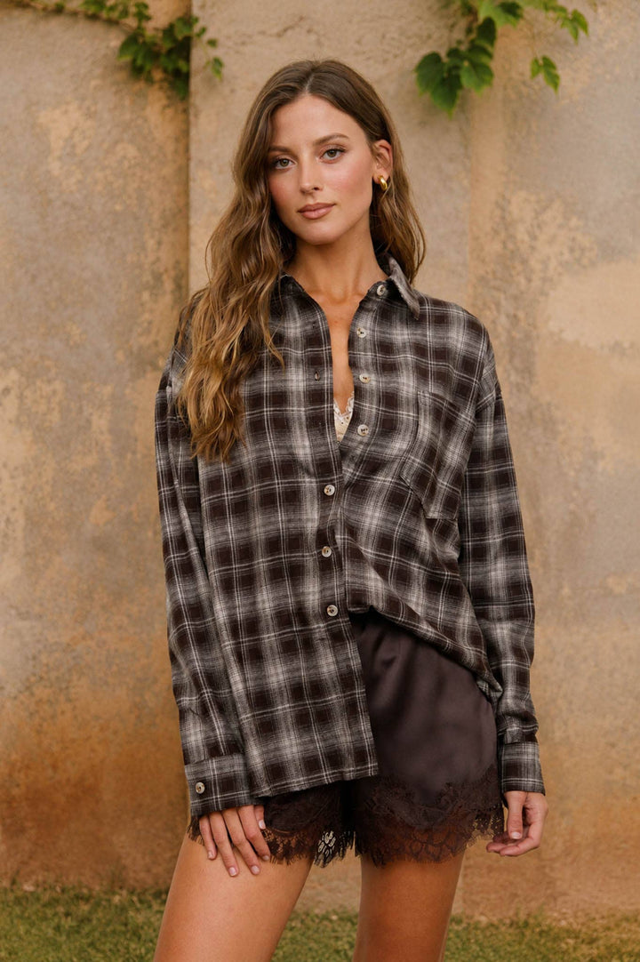 Chocolate Plaid Button Down Top