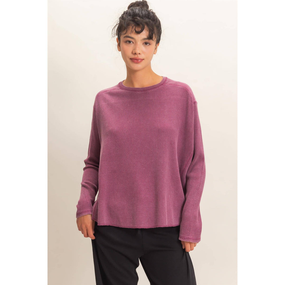Dark Cherry Mineral Washed Waffle Knit Top