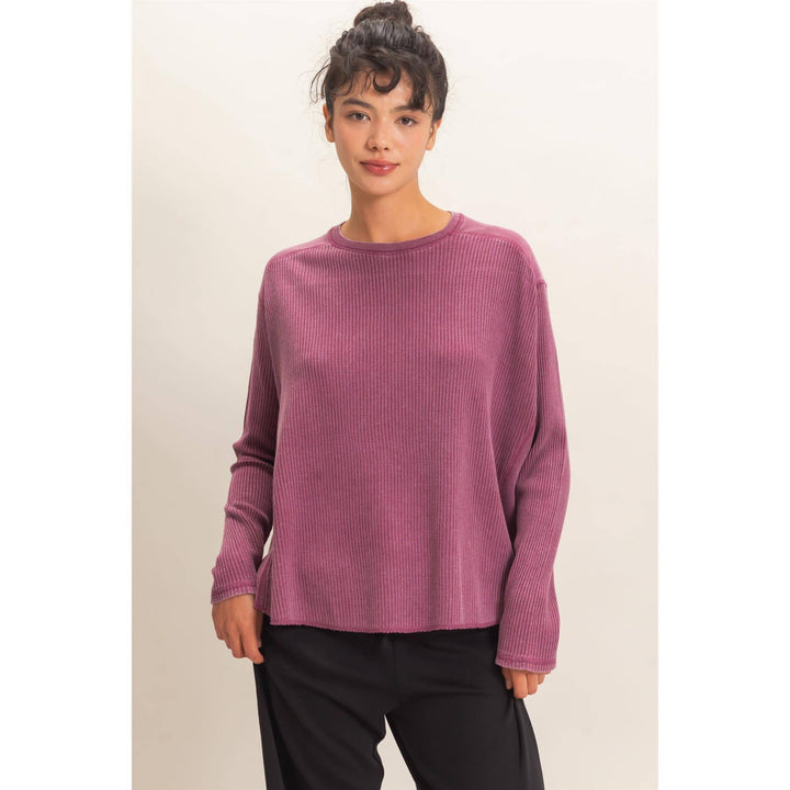 Dark Cherry Mineral Washed Waffle Knit Top
