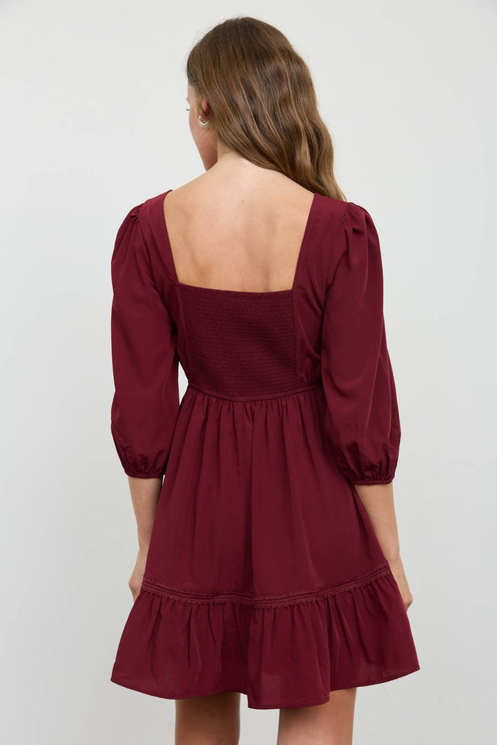 Burgundy Lace Trim Mini Dress