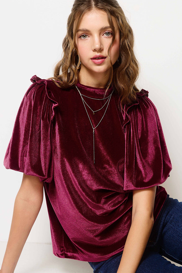 Garnet Velvety Puff Short Sleeve Top