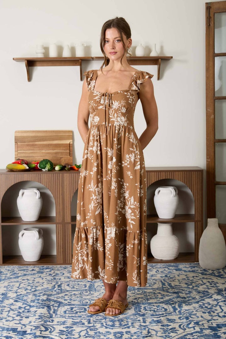 Brown Floral Front Tie Ruffle Midi Dress