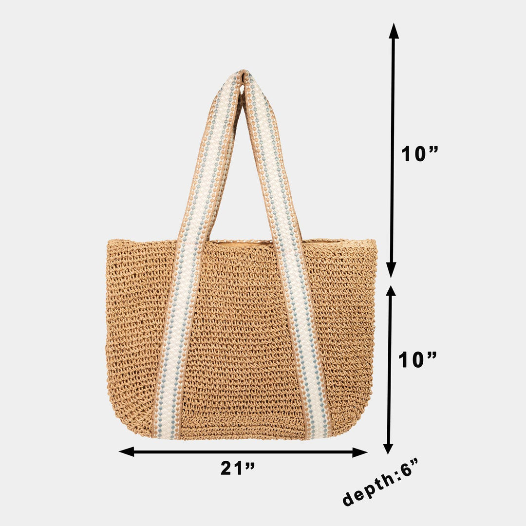 Embroidered Strap Straw Knit Tote Bag