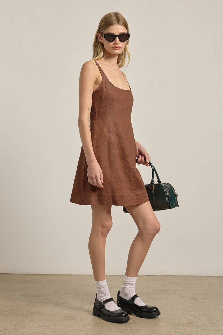 Brown Linen Square Neck Mini Dress