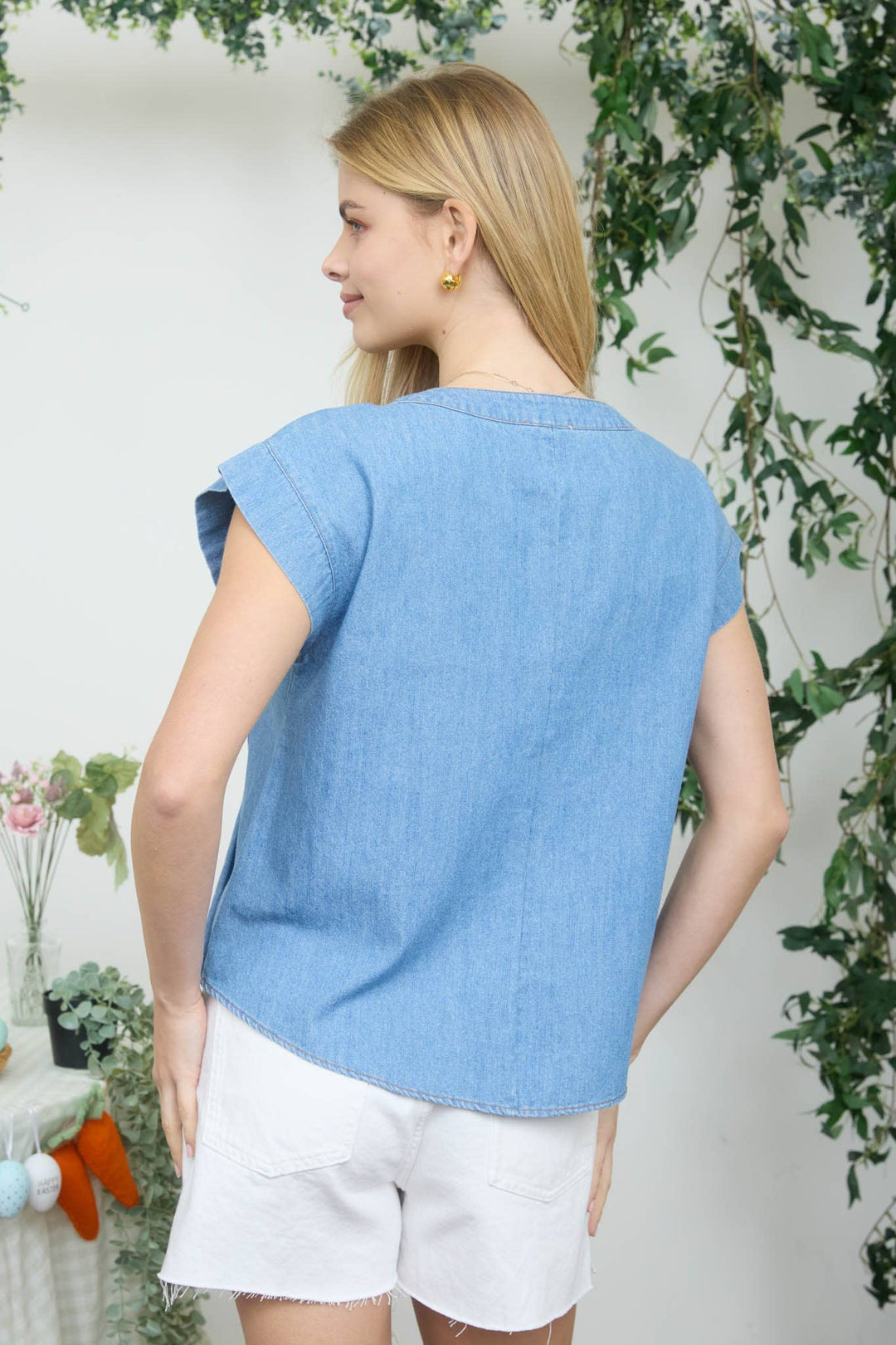 Chambray Front Tie Pintuck Top