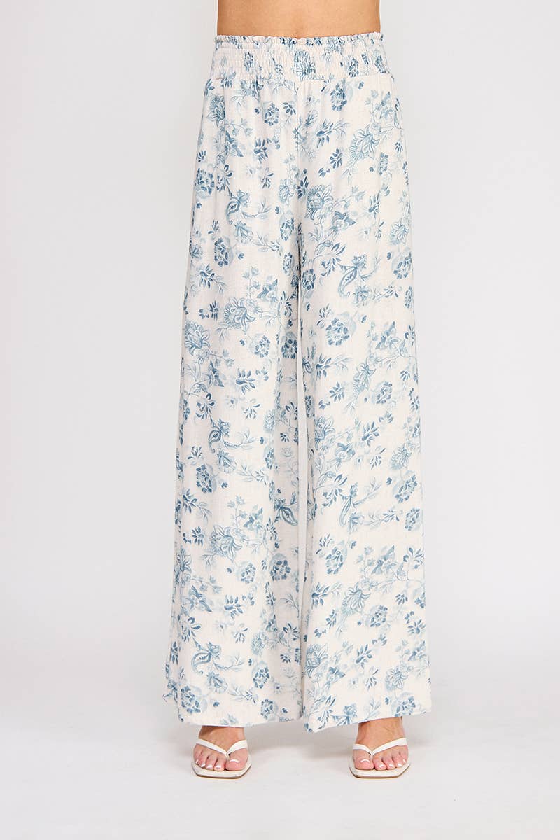 Blue Smocked Wide Leg Pant