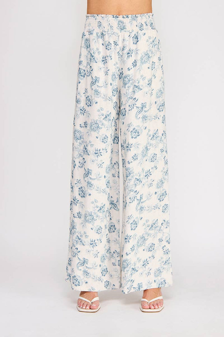Blue Smocked Wide Leg Pant