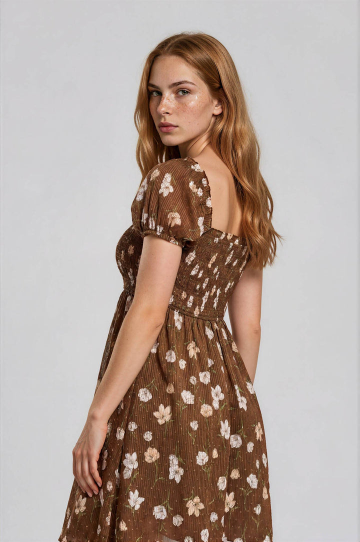Brown Floral Smocked Mini Dress