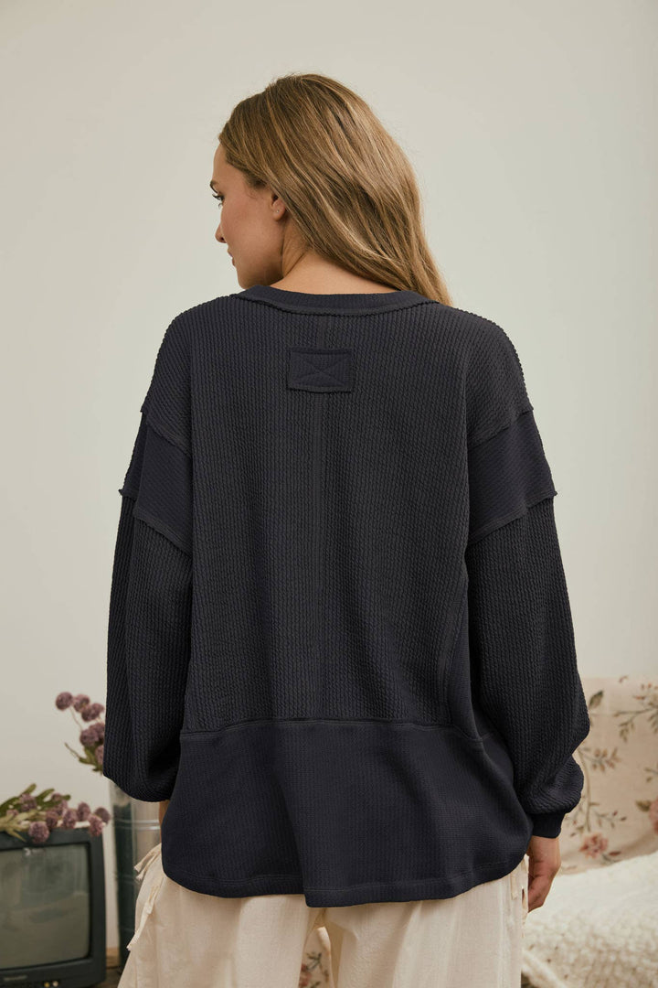 Charcoal Split Neck Ribbed Top