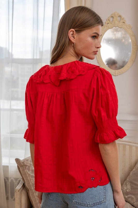 Tomato Red Embroidered Collar Blouse