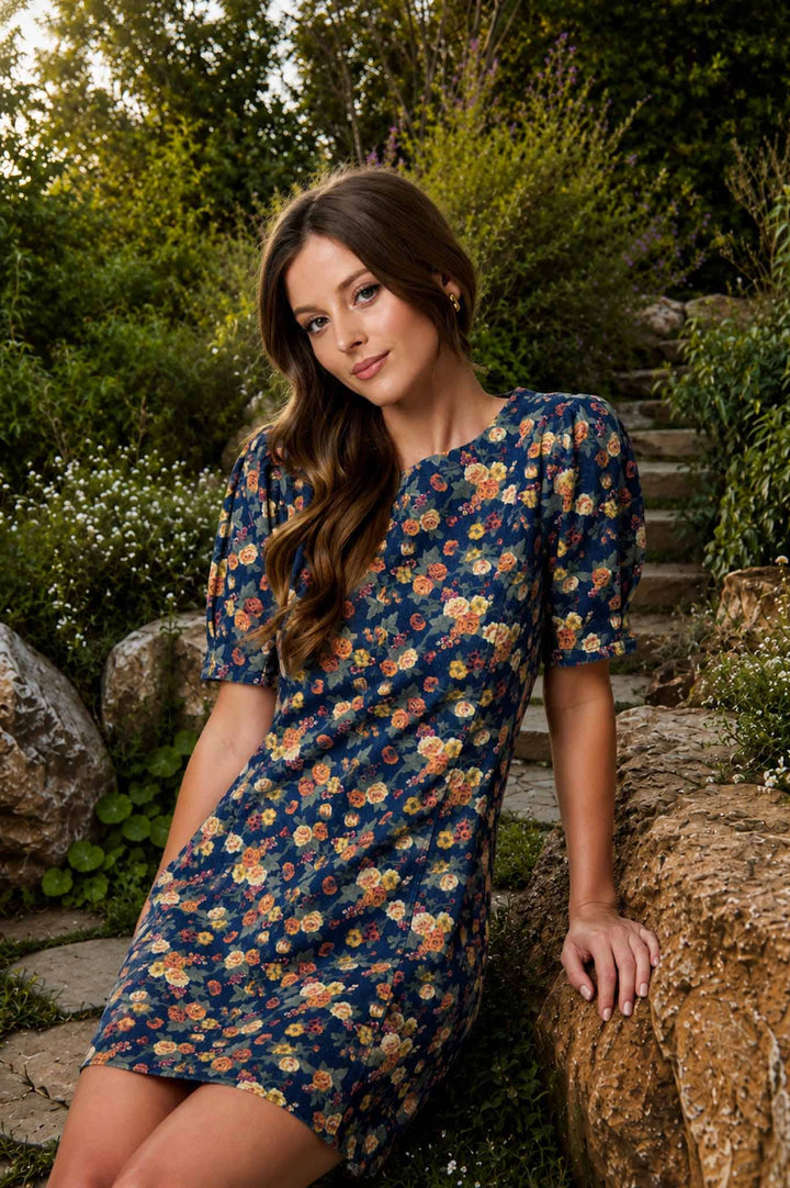Denim Floral Puff Sleeve Mini Dress