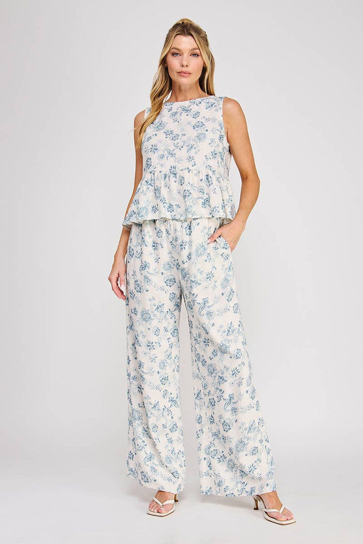 Blue Smocked Wide Leg Pant