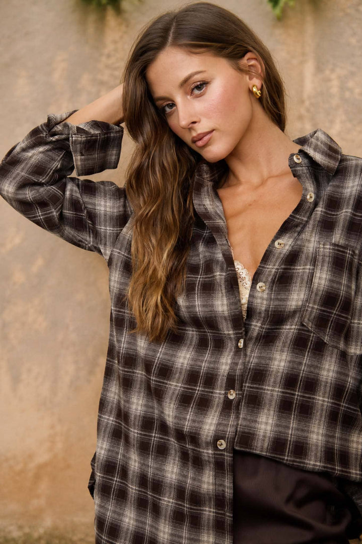 Chocolate Plaid Button Down Top