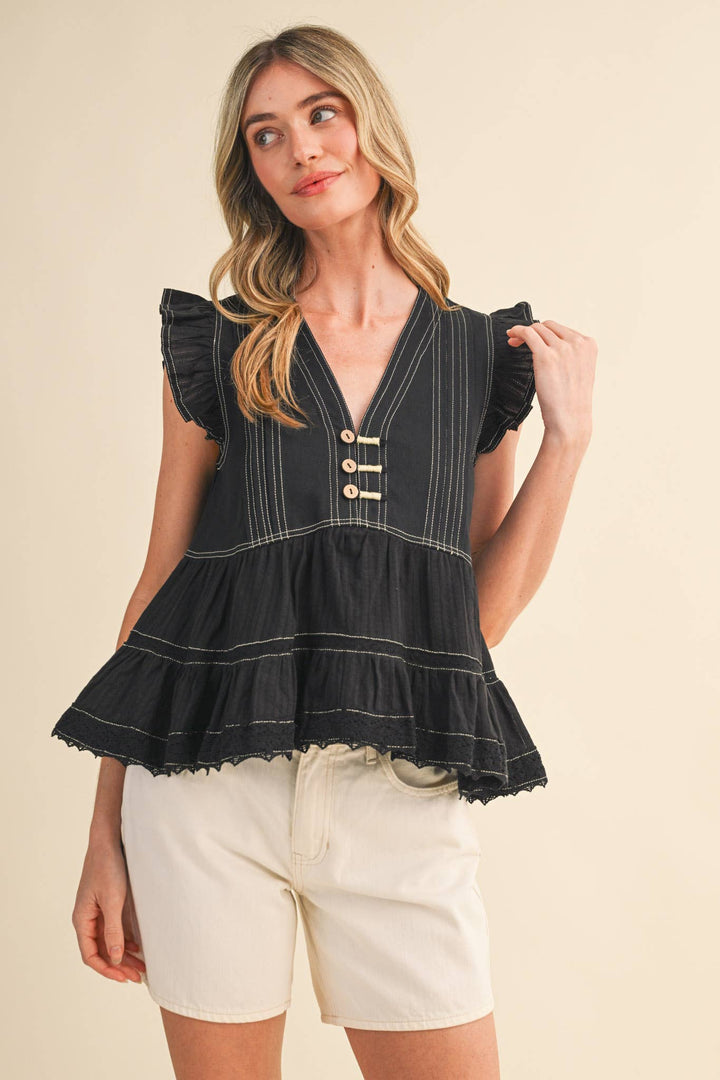 Black Stitch Lace Trim Top