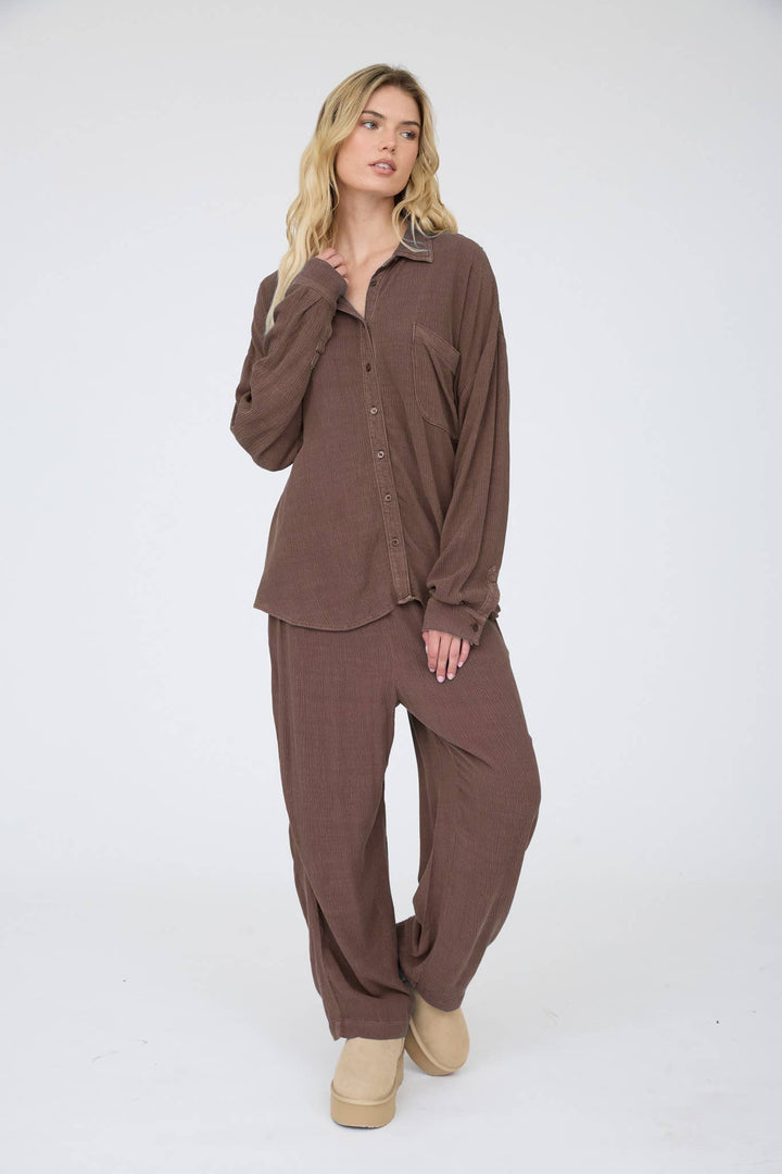 Mocha Crinkle Button Down Blouse
