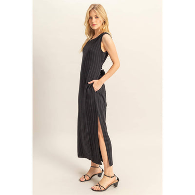 Black Striped Side Slit Maxi Dress