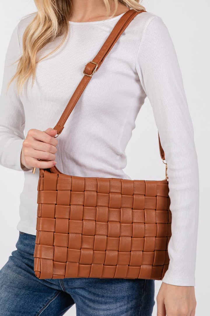 Brown Leather Basket Weave Handbag