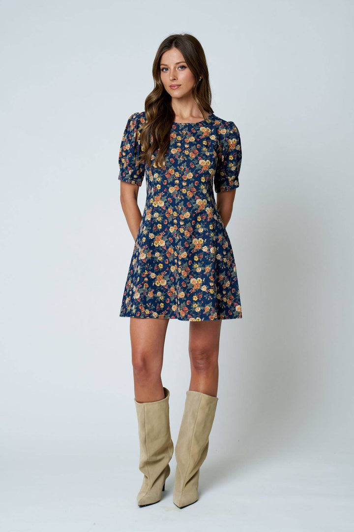 Denim Floral Puff Sleeve Mini Dress