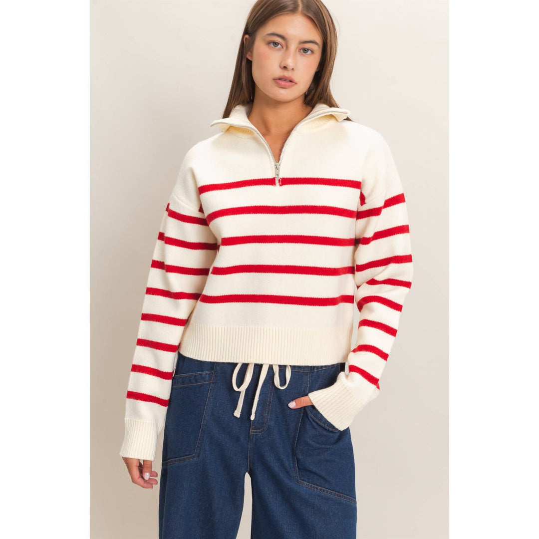 Red Stripe Half-Zip Collared Sweater