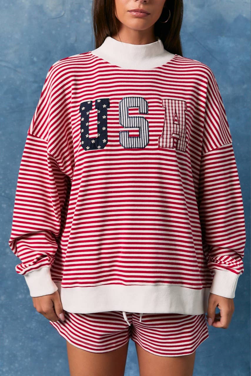 Red Striped USA Mock Neck Sweatshirt