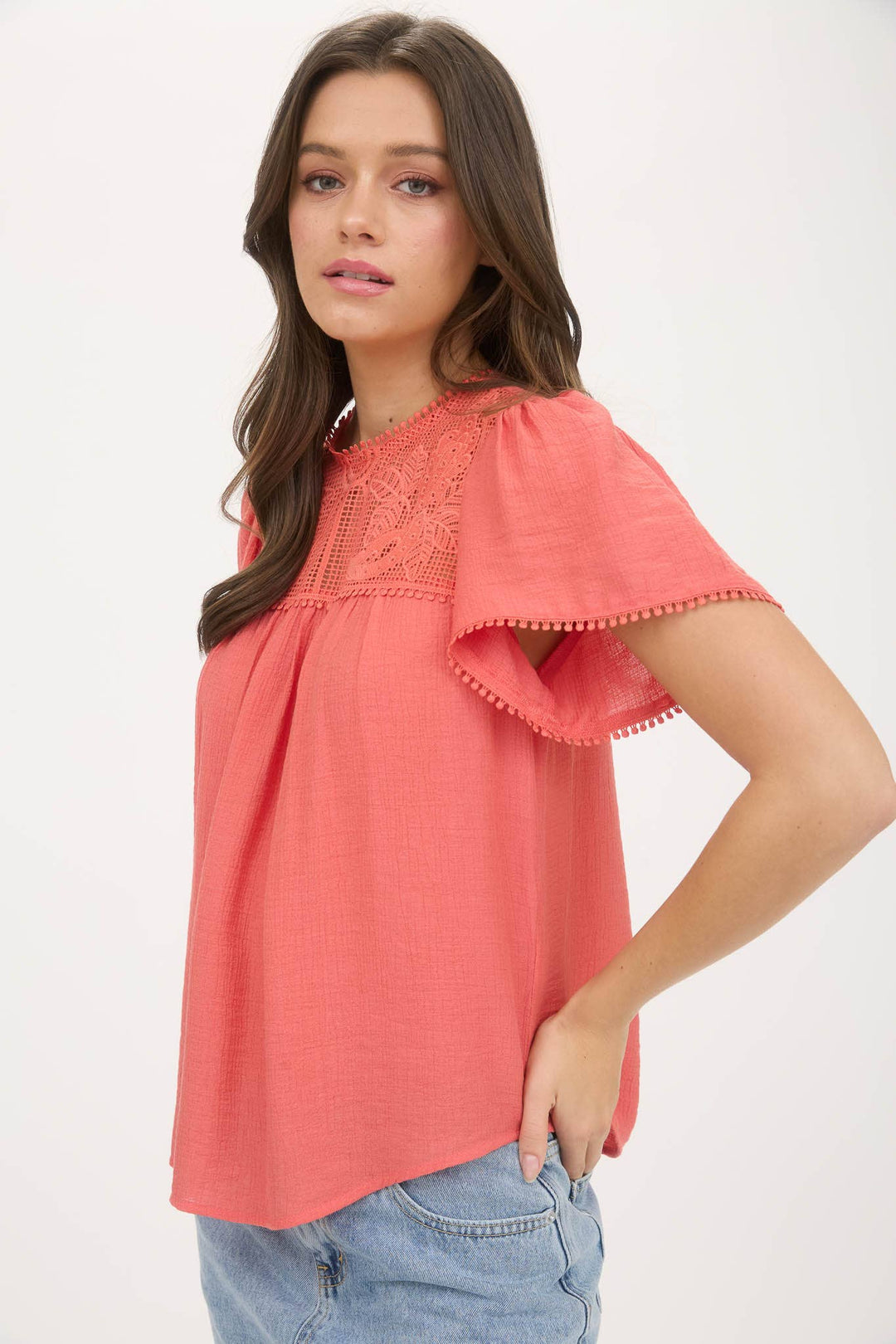 Coral Sheer Lace Pom Pom Blouse