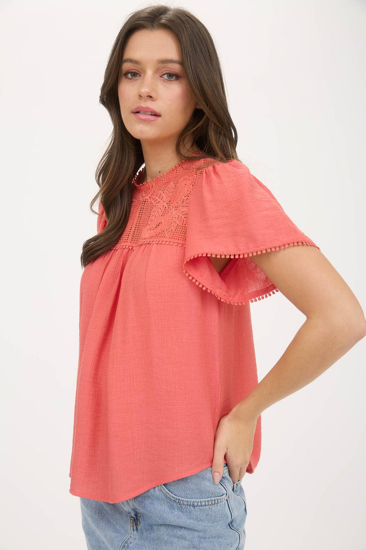 Coral Sheer Lace Pom Pom Blouse