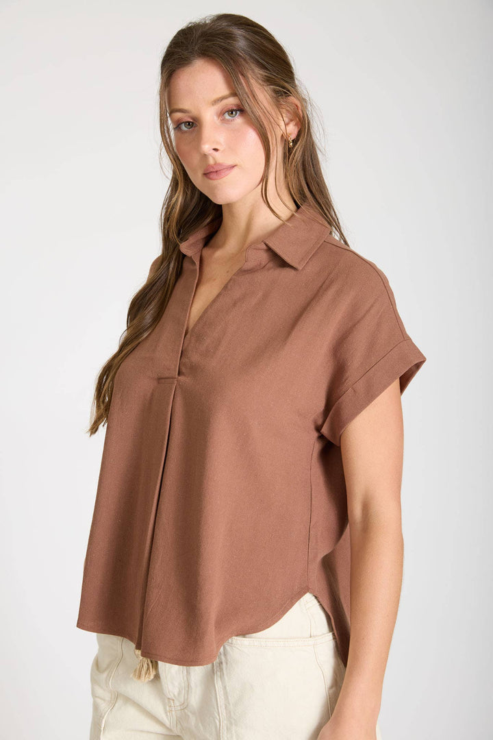Almond Collared Cuff Sleeve Linen Top