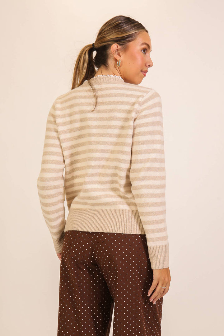 Taupe Stripe Henley Knit Sweater