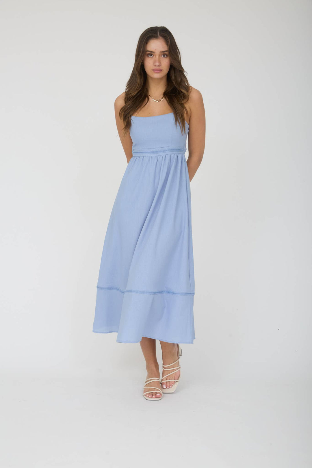 Dusty Blue Lace Trim Midi Dress