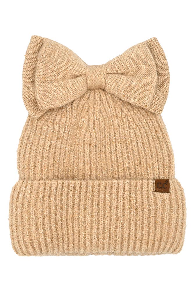 Camel Sequin CC Messy Bun Bow Beanie